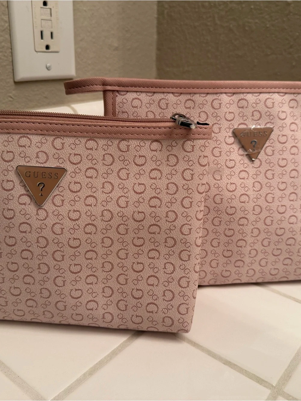 GUESS Pink Monogram Cosmetic Travel Pouch Duo